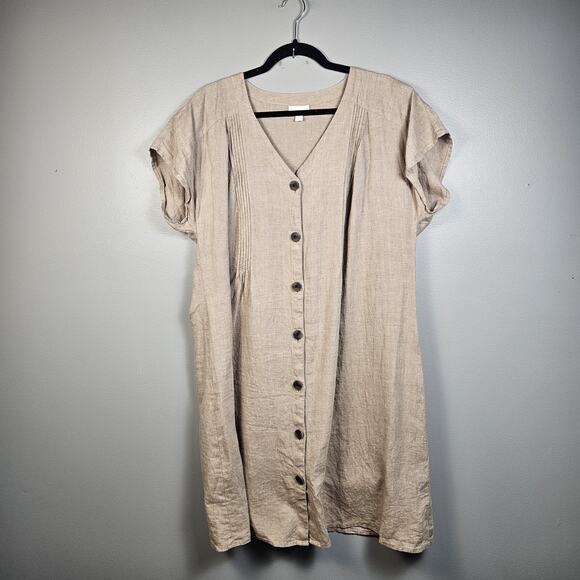 J. Jill Love Linen Button Down Shirt Dress Midi XL Tan Brown Pintuck Lagenlook - Picture 1 of 7